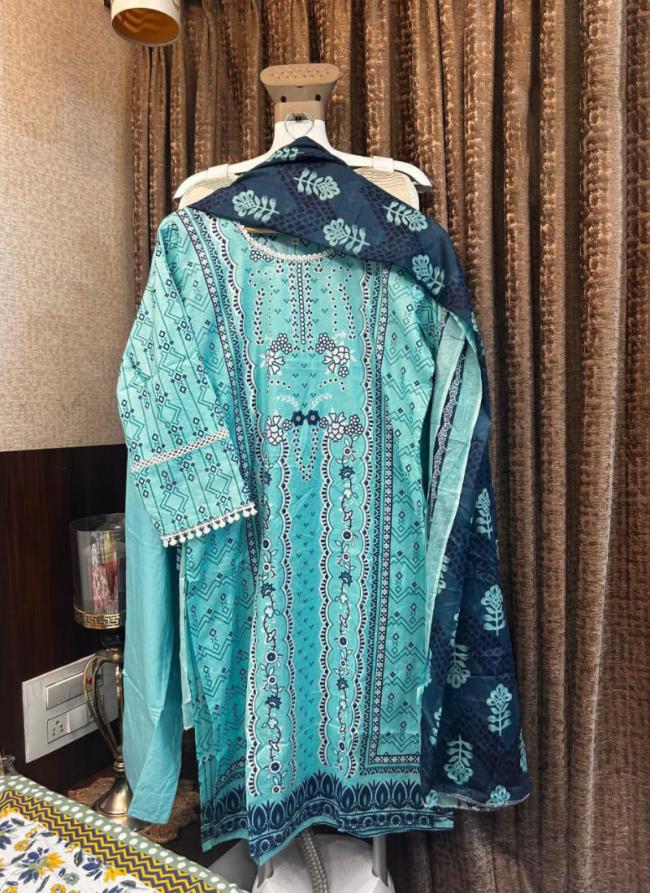 Cotton Sky Blue Traditional Wear Printed Readymade Pakistani Suit